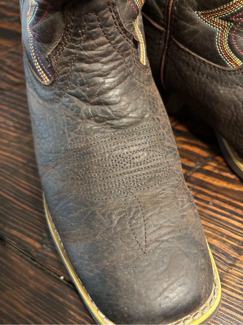Big Boy Durango Brown Leather Western Cowboy Boots - Multicolor Stitch Detail - Picture 3 of 10